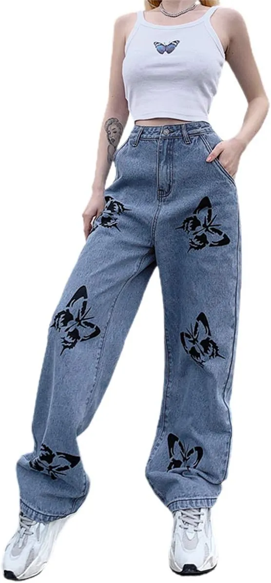 Women High Waist Wide Leg Jeans Pants Casual E-Girls Baggy Straight Denim Trousers Streetwear