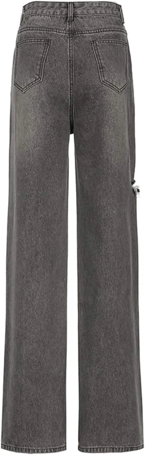 Women High Waist Wide Leg Jeans Pants Casual E-Girls Baggy Straight Denim Trousers Streetwear