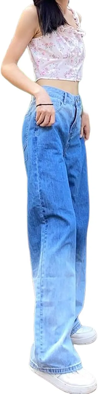 Women High Waist Wide Leg Jeans Pants Casual E-Girls Baggy Straight Denim Trousers Streetwear
