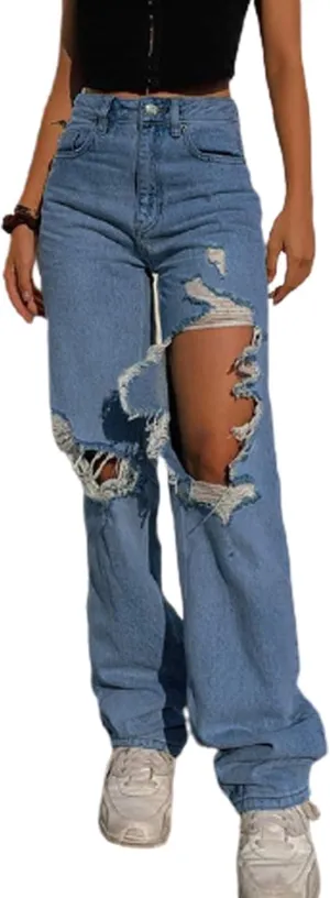 Women High Waist Wide Leg Jeans Pants Casual E-Girls Baggy Straight Denim Trousers Streetwear