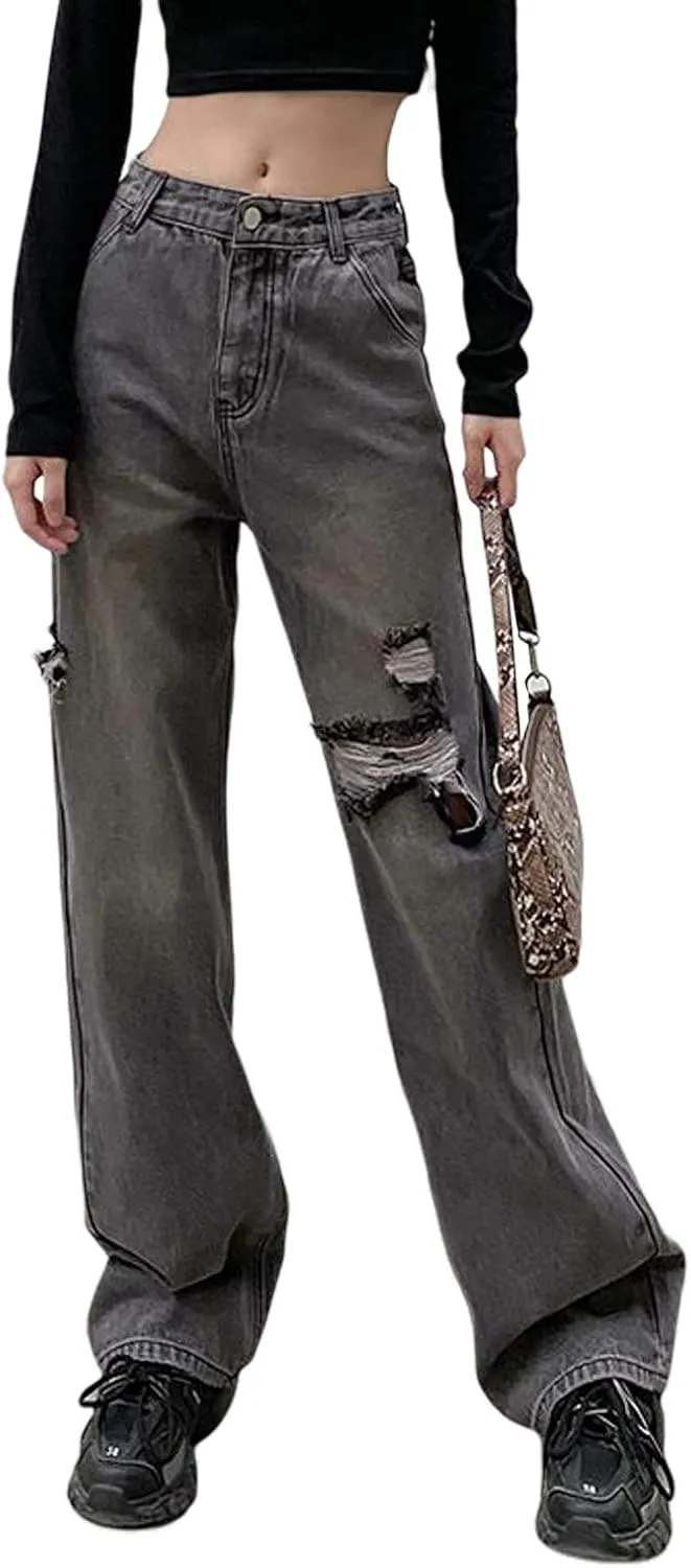 Women High Waist Wide Leg Jeans Pants Casual E-Girls Baggy Straight Denim Trousers Streetwear