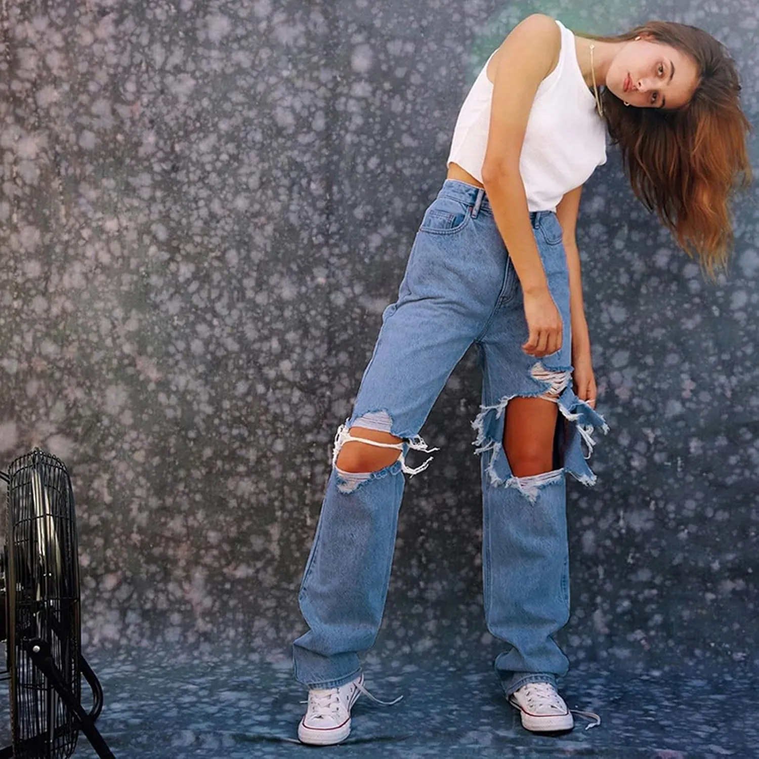 Women High Waist Wide Leg Jeans Pants Casual E-Girls Baggy Straight Denim Trousers Streetwear