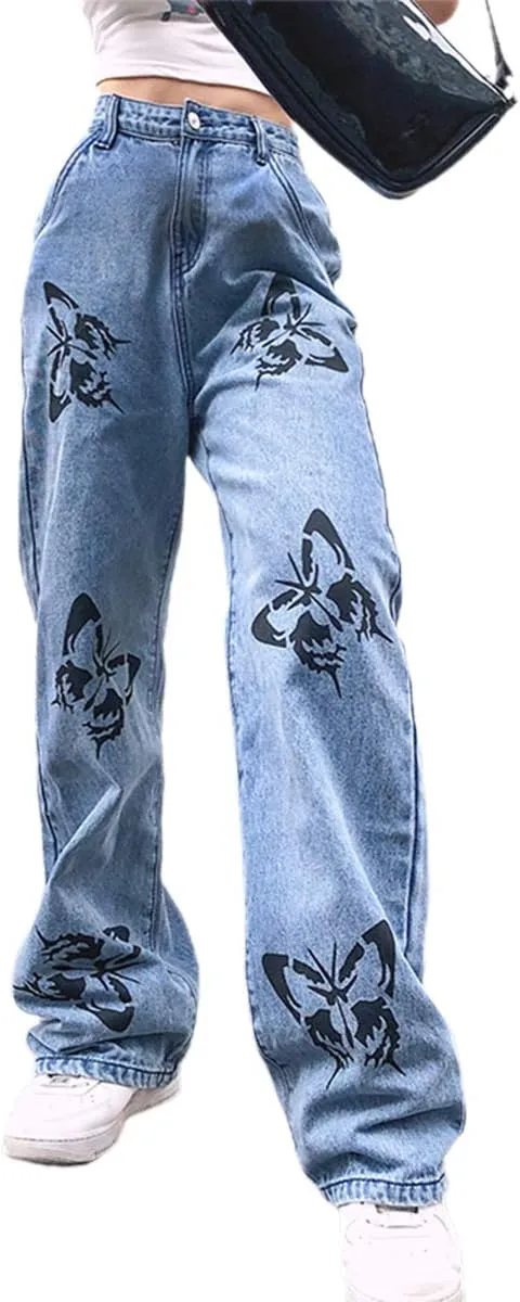 Women High Waist Wide Leg Jeans Pants Casual E-Girls Baggy Straight Denim Trousers Streetwear