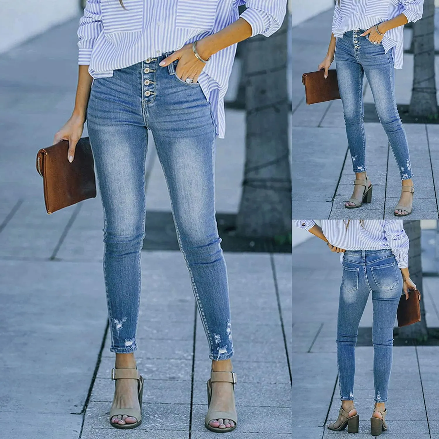 Women High Waisted Raw Hem Petite Jeans Skinny Stretchy Denim Pants Tapered Jeans Skinny Leg Work Casual Pants