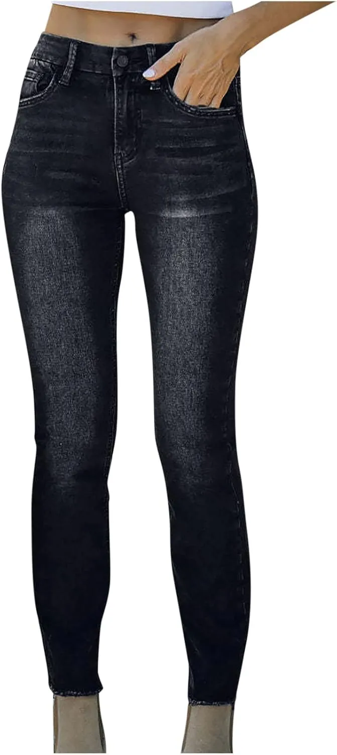 Women High Waisted Raw Hem Petite Jeans Skinny Stretchy Denim Pants Tapered Jeans Skinny Leg Work Casual Pants