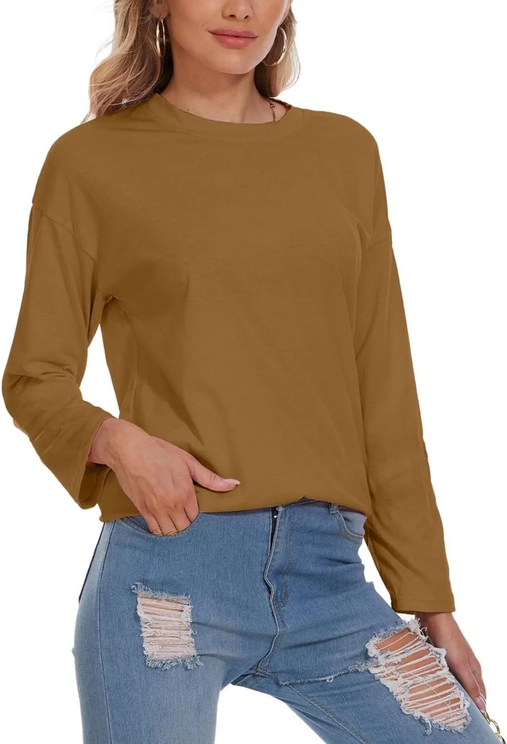Women Oversized Crew Neck T-Shirts Loose Long Sleeve Tunic Top 2024 Comfy Cozy Cotton Lounge Tees
