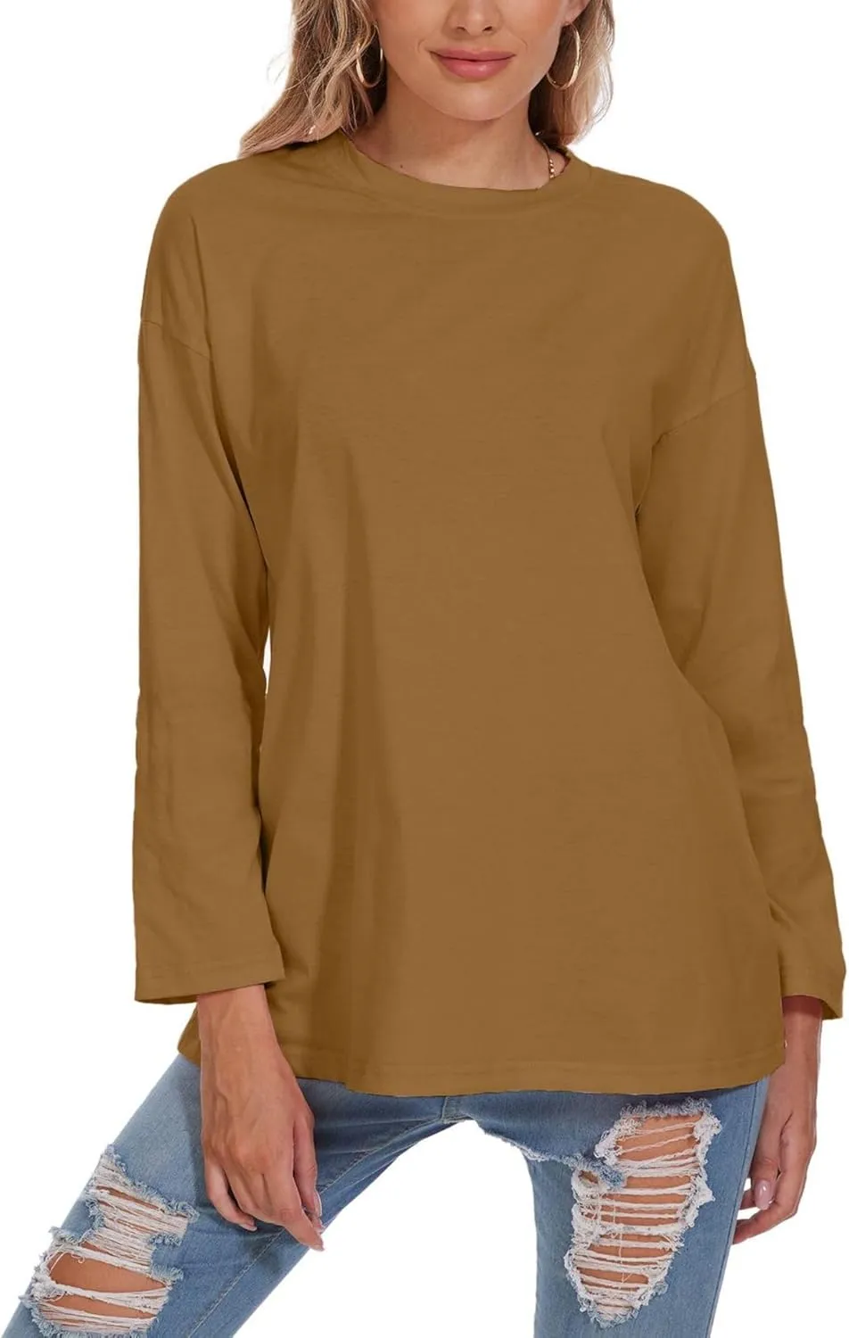 Women Oversized Crew Neck T-Shirts Loose Long Sleeve Tunic Top 2024 Comfy Cozy Cotton Lounge Tees