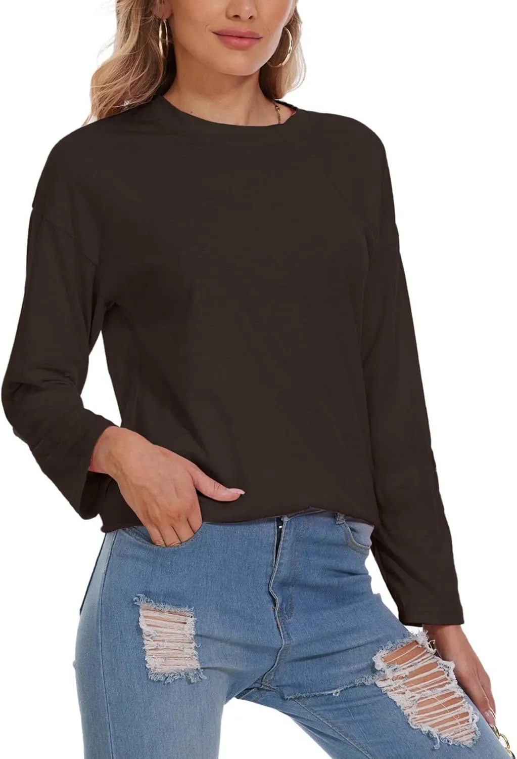 Women Oversized Crew Neck T-Shirts Loose Long Sleeve Tunic Top 2024 Comfy Cozy Cotton Lounge Tees