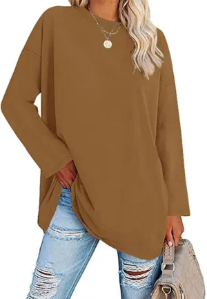 Women Oversized Crew Neck T-Shirts Loose Long Sleeve Tunic Top 2024 Comfy Cozy Cotton Lounge Tees