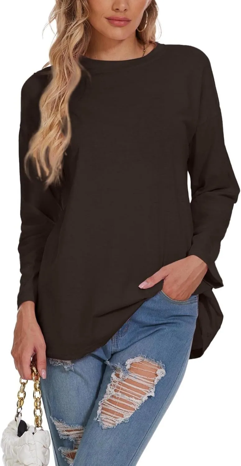 Women Oversized Crew Neck T-Shirts Loose Long Sleeve Tunic Top 2024 Comfy Cozy Cotton Lounge Tees
