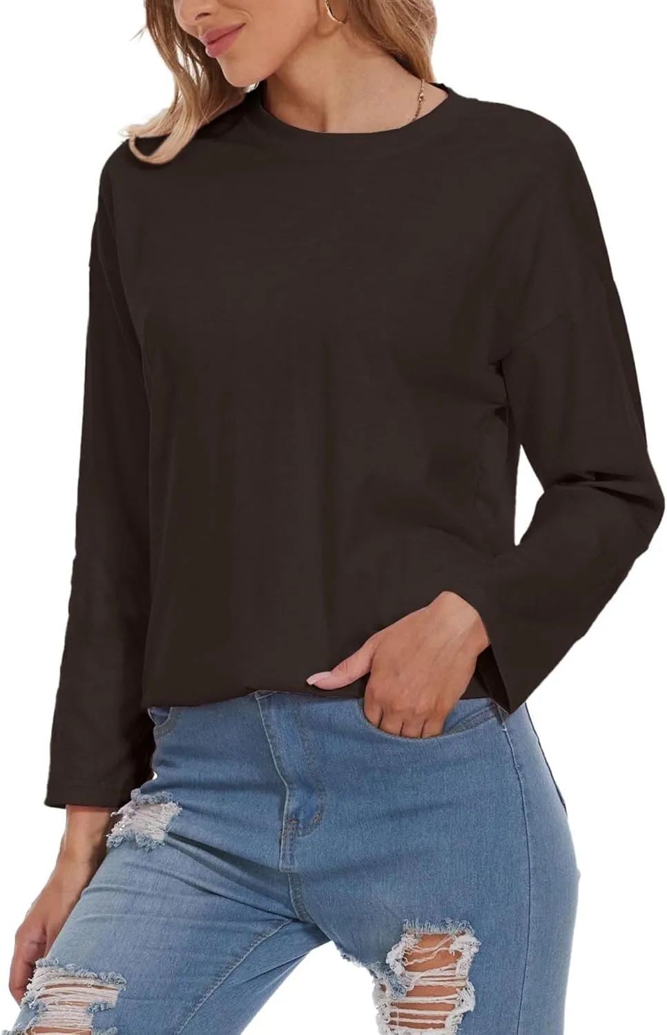 Women Oversized Crew Neck T-Shirts Loose Long Sleeve Tunic Top 2024 Comfy Cozy Cotton Lounge Tees