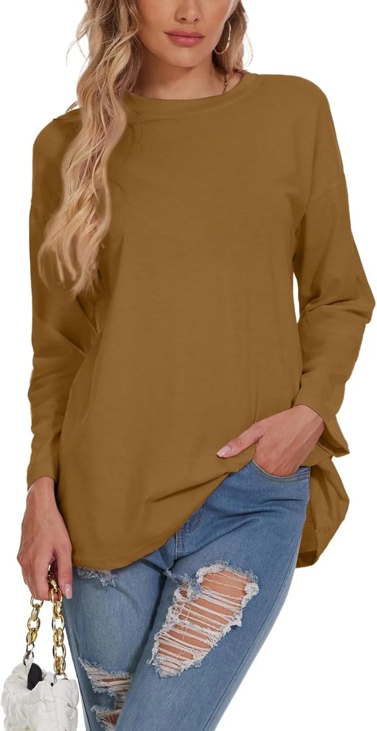 Women Oversized Crew Neck T-Shirts Loose Long Sleeve Tunic Top 2024 Comfy Cozy Cotton Lounge Tees