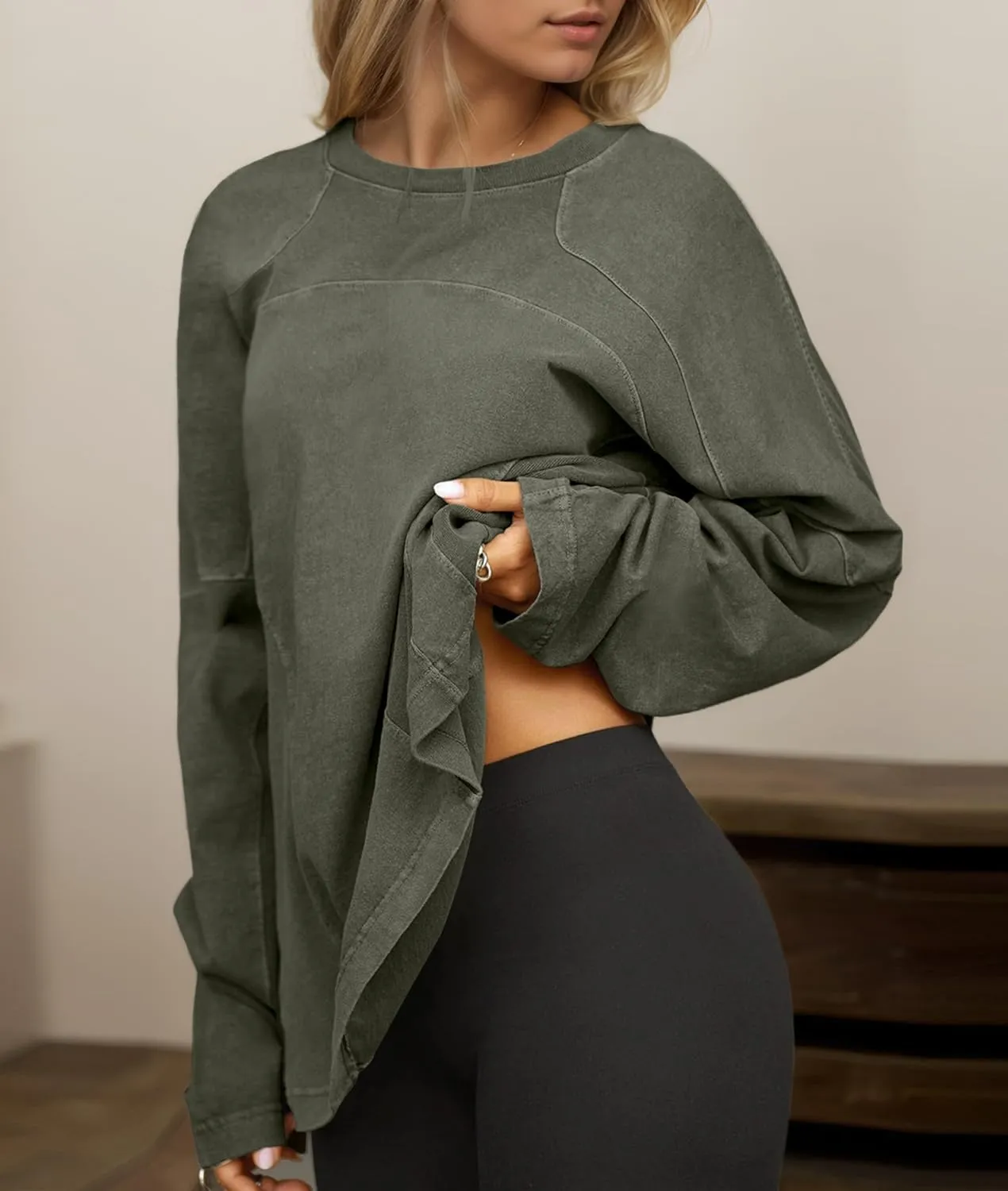 Women Oversized Crew Neck Tee Top Solid Loose Fit Long Sleeve Vintage Heavyweight T Shirts Fall Fashion Top