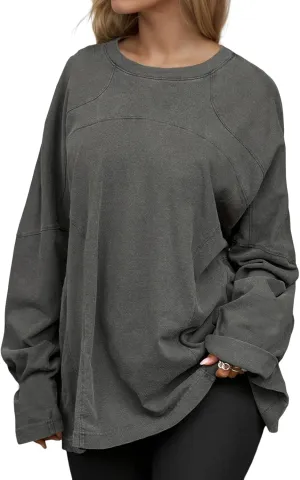 Women Oversized Crew Neck Tee Top Solid Loose Fit Long Sleeve Vintage Heavyweight T Shirts Fall Fashion Top