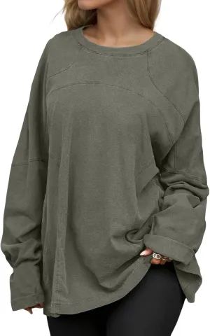 Women Oversized Crew Neck Tee Top Solid Loose Fit Long Sleeve Vintage Heavyweight T Shirts Fall Fashion Top