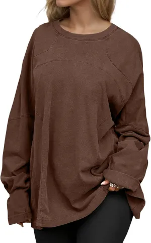 Women Oversized Crew Neck Tee Top Solid Loose Fit Long Sleeve Vintage Heavyweight T Shirts Fall Fashion Top