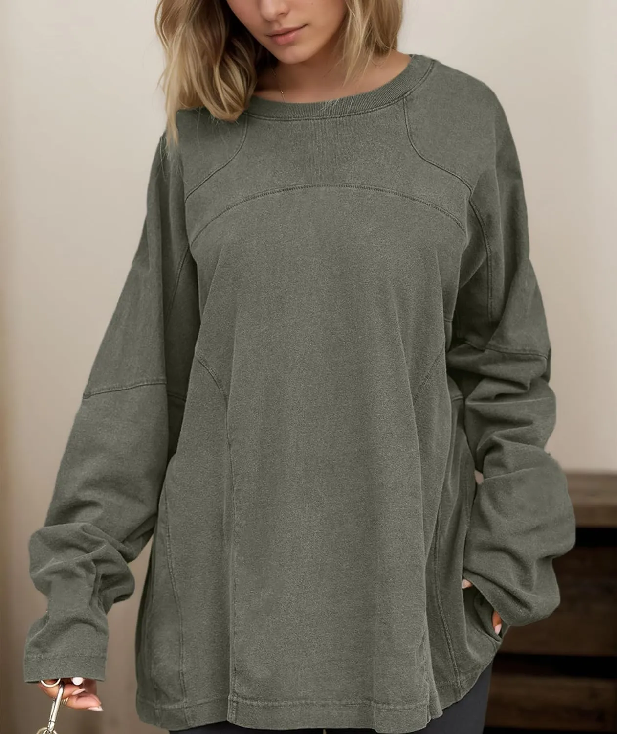 Women Oversized Crew Neck Tee Top Solid Loose Fit Long Sleeve Vintage Heavyweight T Shirts Fall Fashion Top