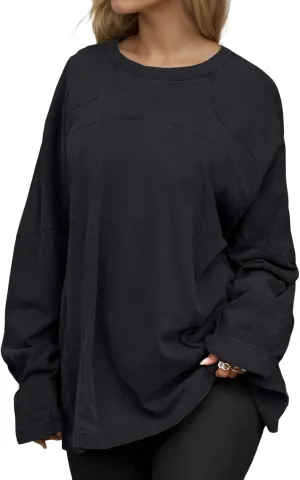 Women Oversized Crew Neck Tee Top Solid Loose Fit Long Sleeve Vintage Heavyweight T Shirts Fall Fashion Top