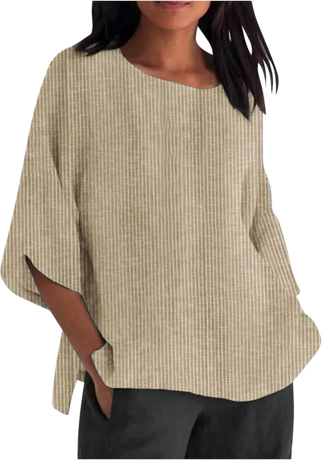 Women Summer Linen Tunic Tops 3/4 Sleeve Solid Color Tees Scoop Neck Lightweight Shirts Plus Size Flowy Blouse