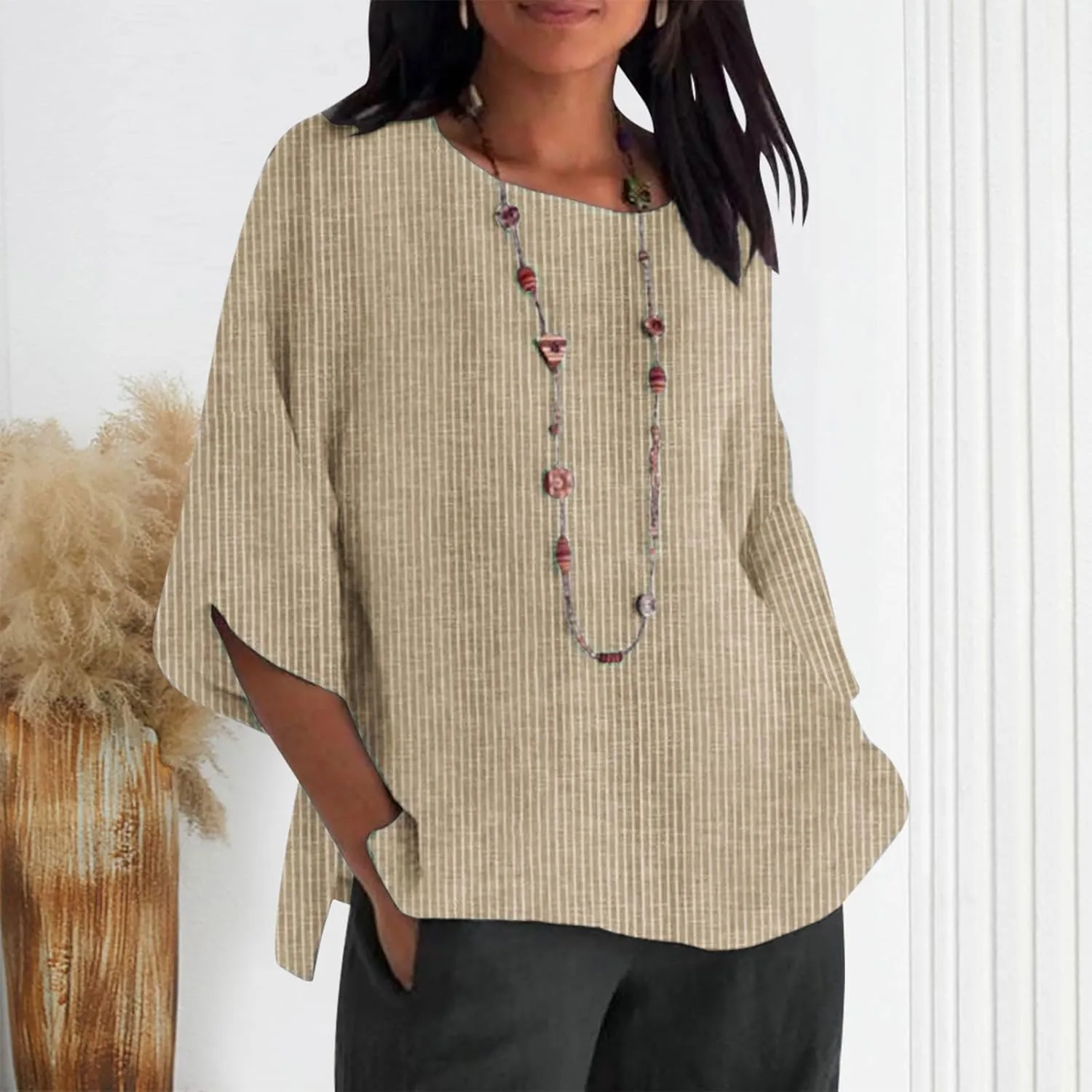 Women Summer Linen Tunic Tops 3/4 Sleeve Solid Color Tees Scoop Neck Lightweight Shirts Plus Size Flowy Blouse