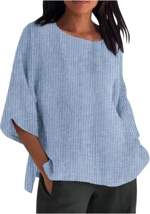 Women Summer Linen Tunic Tops 3/4 Sleeve Solid Color Tees Scoop Neck Lightweight Shirts Plus Size Flowy Blouse