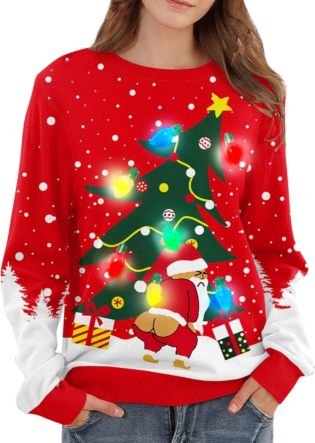 Women Ugly Christmas Sweater Funny Light Up Long Sleeve Jumper Sweater