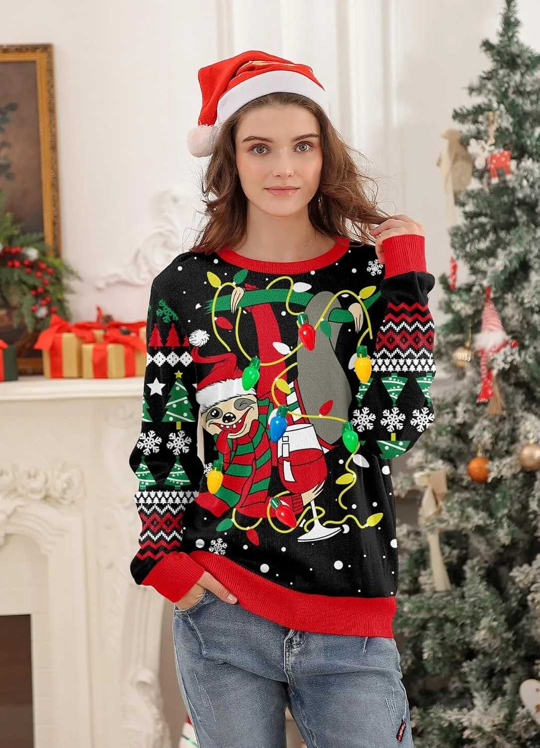 Women Ugly Christmas Sweater Funny Light Up Long Sleeve Jumper Sweater