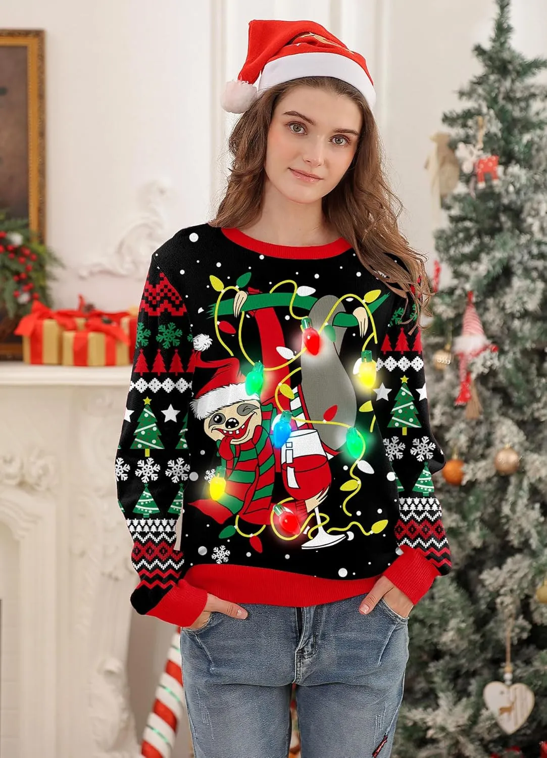 Women Ugly Christmas Sweater Funny Light Up Long Sleeve Jumper Sweater