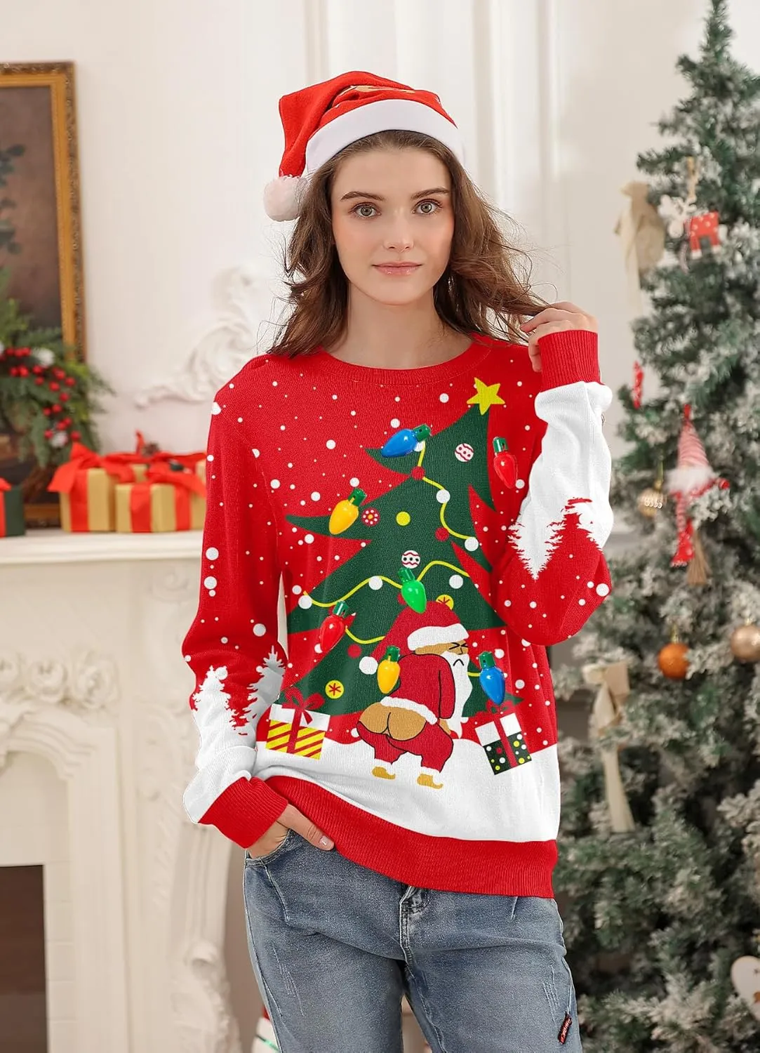 Women Ugly Christmas Sweater Funny Light Up Long Sleeve Jumper Sweater