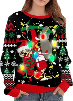 Women Ugly Christmas Sweater Funny Light Up Long Sleeve Jumper Sweater