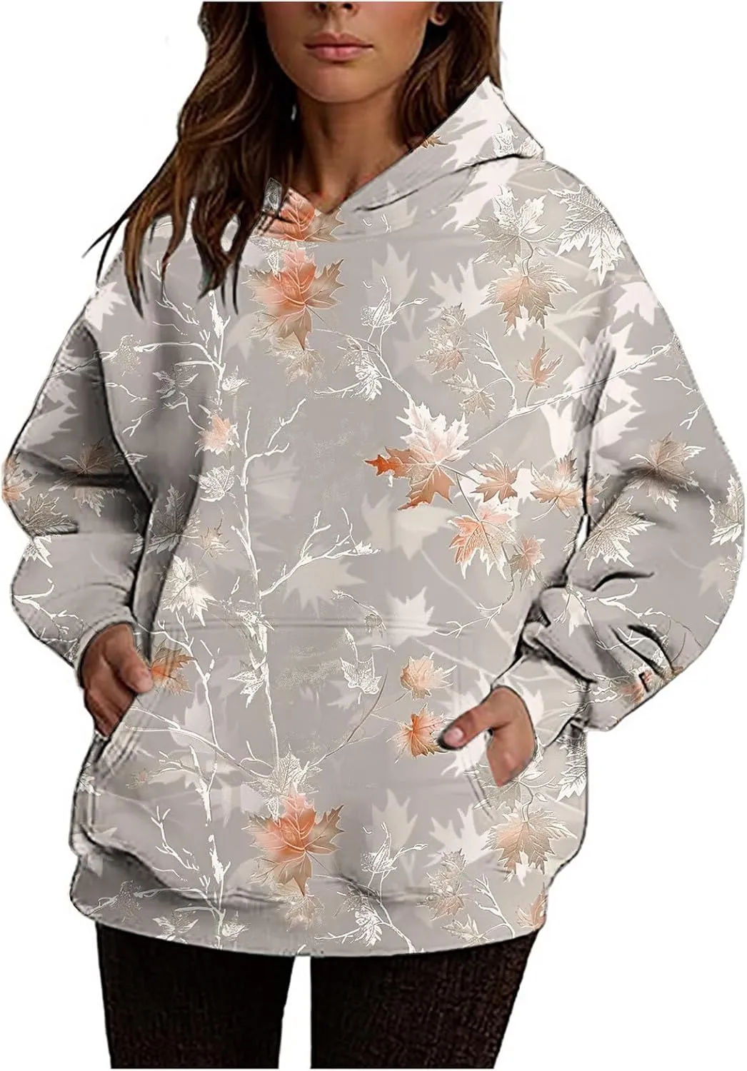 Women Vintage Camo Hoodie Maple Leaf Print Winter Fleece Sweatshirt Casual Long Sleeve Pullover with Kangaroo Pocket
