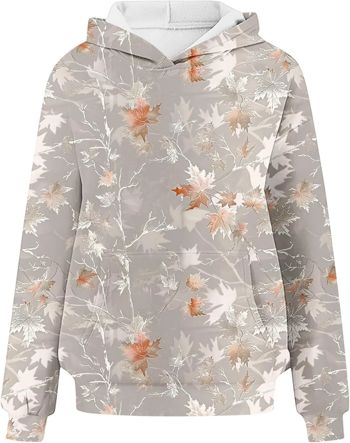 Women Vintage Camo Hoodie Maple Leaf Print Winter Fleece Sweatshirt Casual Long Sleeve Pullover with Kangaroo Pocket