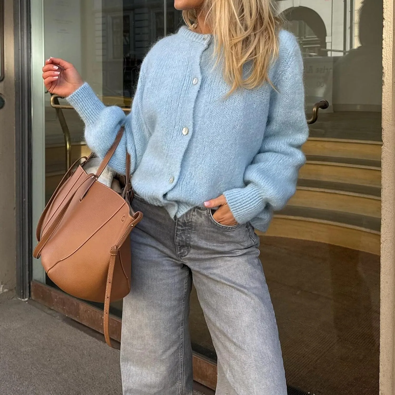 Women Warm Knit Button up Sweaters Open Front Long Sleeve Cardigans Knitwear Sweater Top