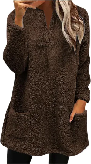 Womens 2024 Fashion Winter Fleece Warm Sweater V Neck Solid Color Long Sleeve Pullover With Pocket Casual Loose Tops