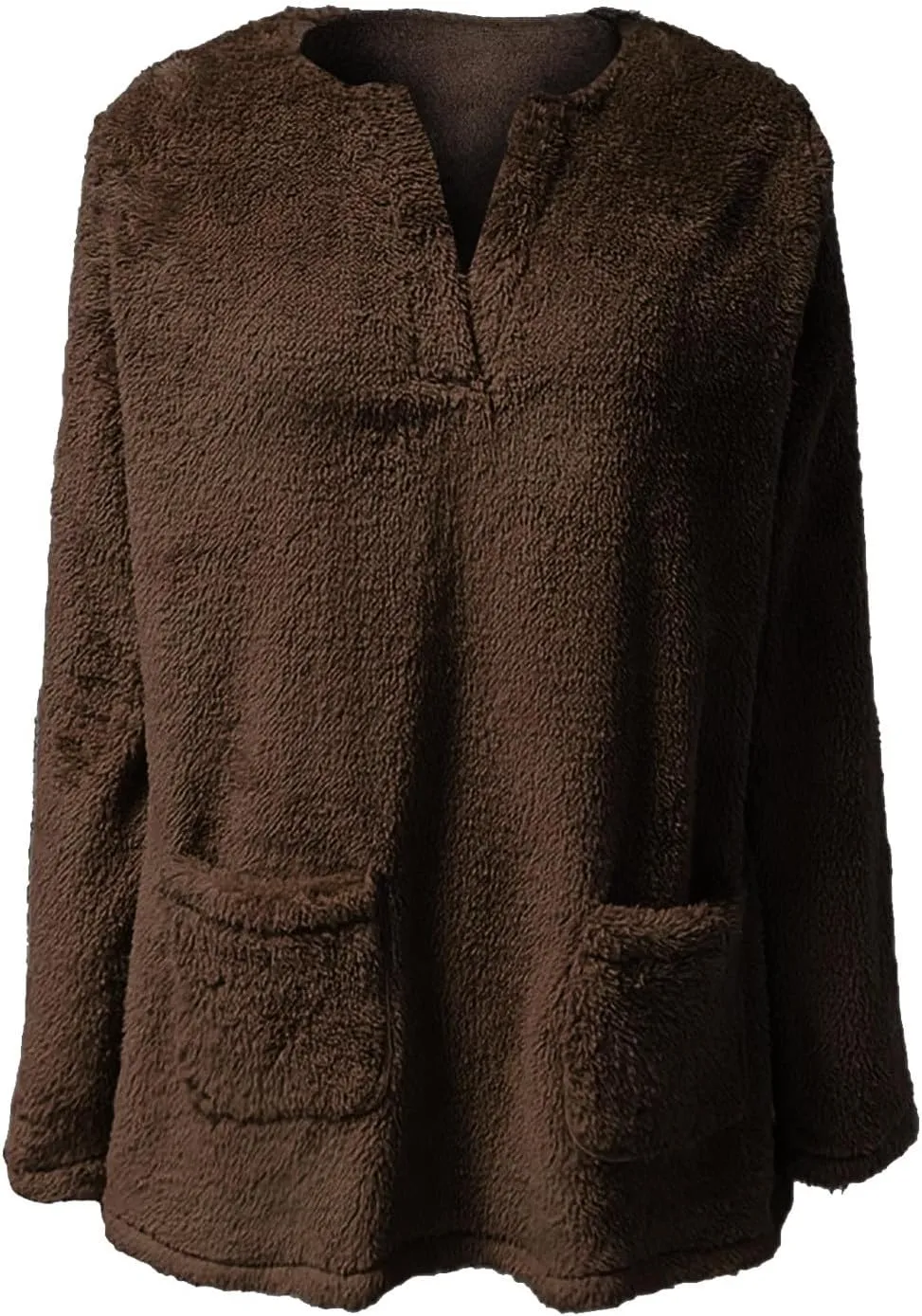 Womens 2024 Fashion Winter Fleece Warm Sweater V Neck Solid Color Long Sleeve Pullover With Pocket Casual Loose Tops