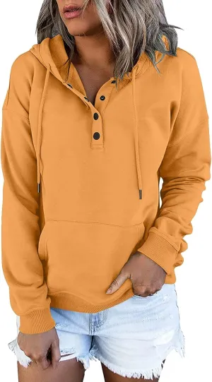 Womens 2024 Hooded Button Collar Drawstring Hoodies Pullover Sweatshirts Casual Long Sleeve Tops Shirts With Pocket