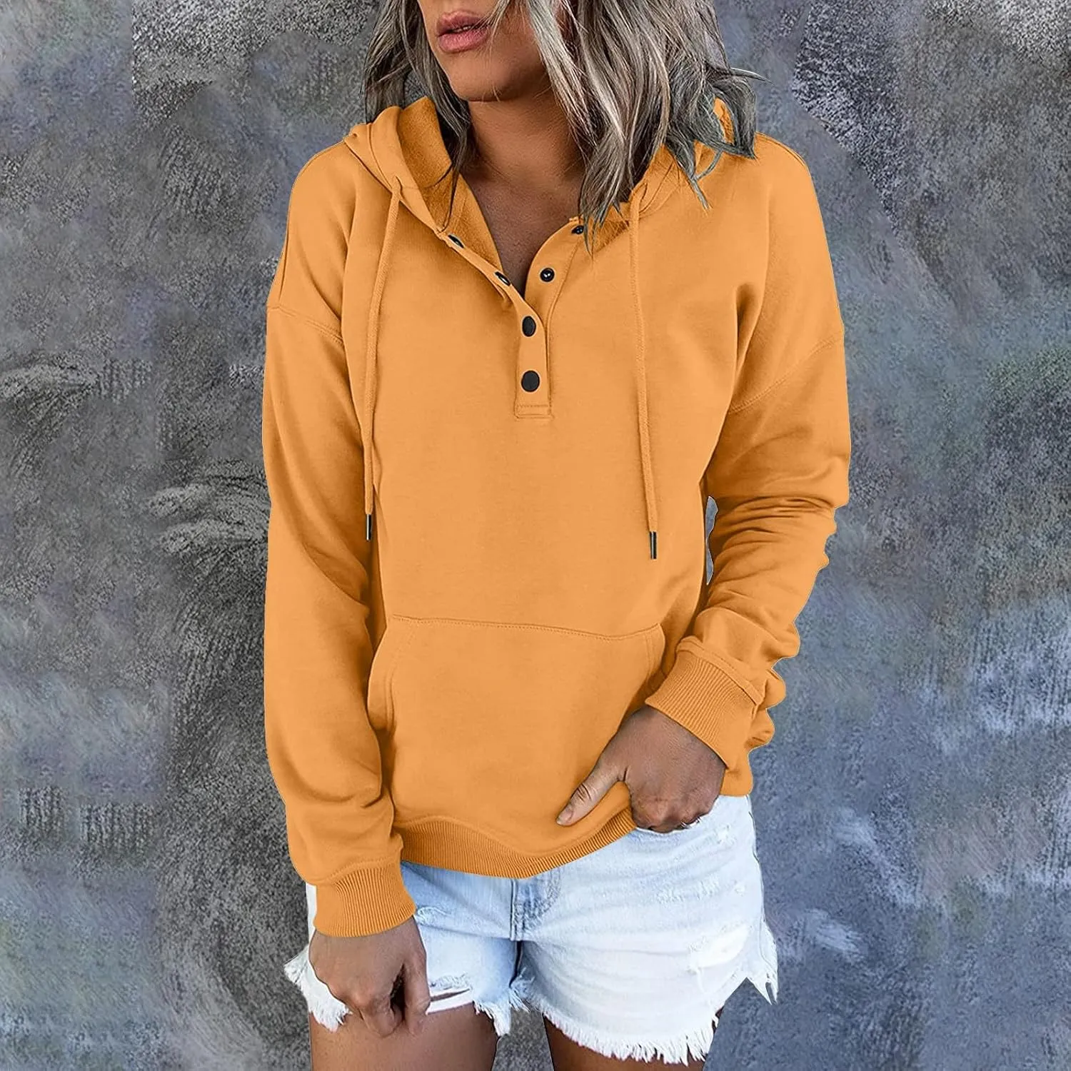 Womens 2024 Hooded Button Collar Drawstring Hoodies Pullover Sweatshirts Casual Long Sleeve Tops Shirts With Pocket