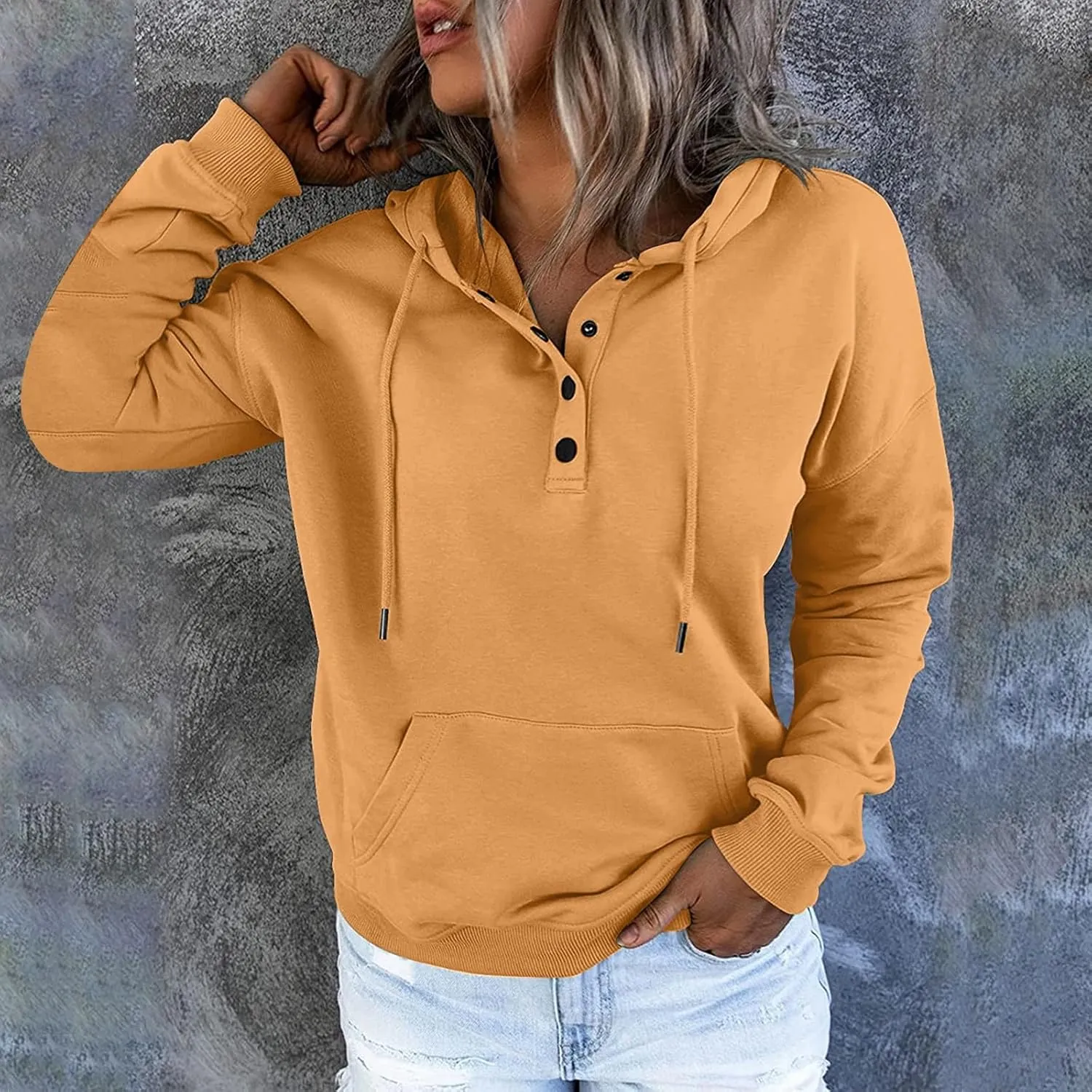 Womens 2024 Hooded Button Collar Drawstring Hoodies Pullover Sweatshirts Casual Long Sleeve Tops Shirts With Pocket