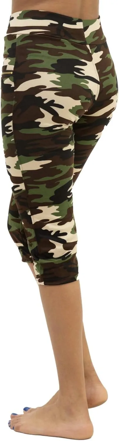 Women's Army Capri Sweatpants - Cotton Blend Camouflage Cargo Joggers with Pockets