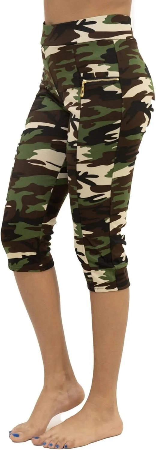 Women's Army Capri Sweatpants - Cotton Blend Camouflage Cargo Joggers with Pockets