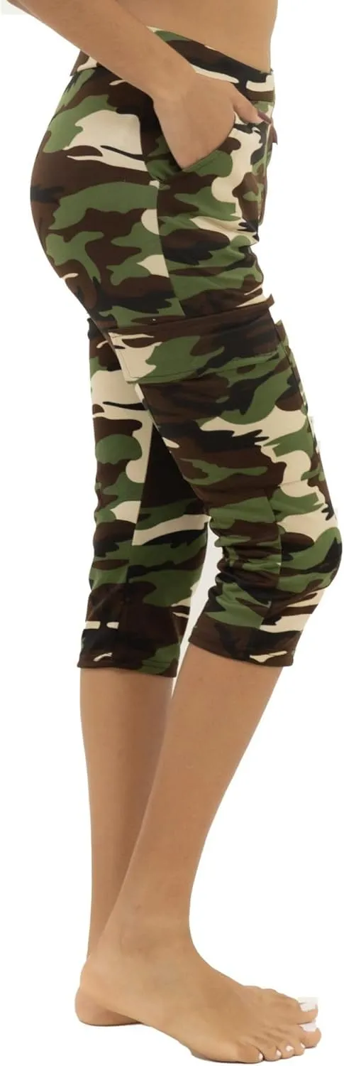Women's Army Capri Sweatpants - Cotton Blend Camouflage Cargo Joggers with Pockets