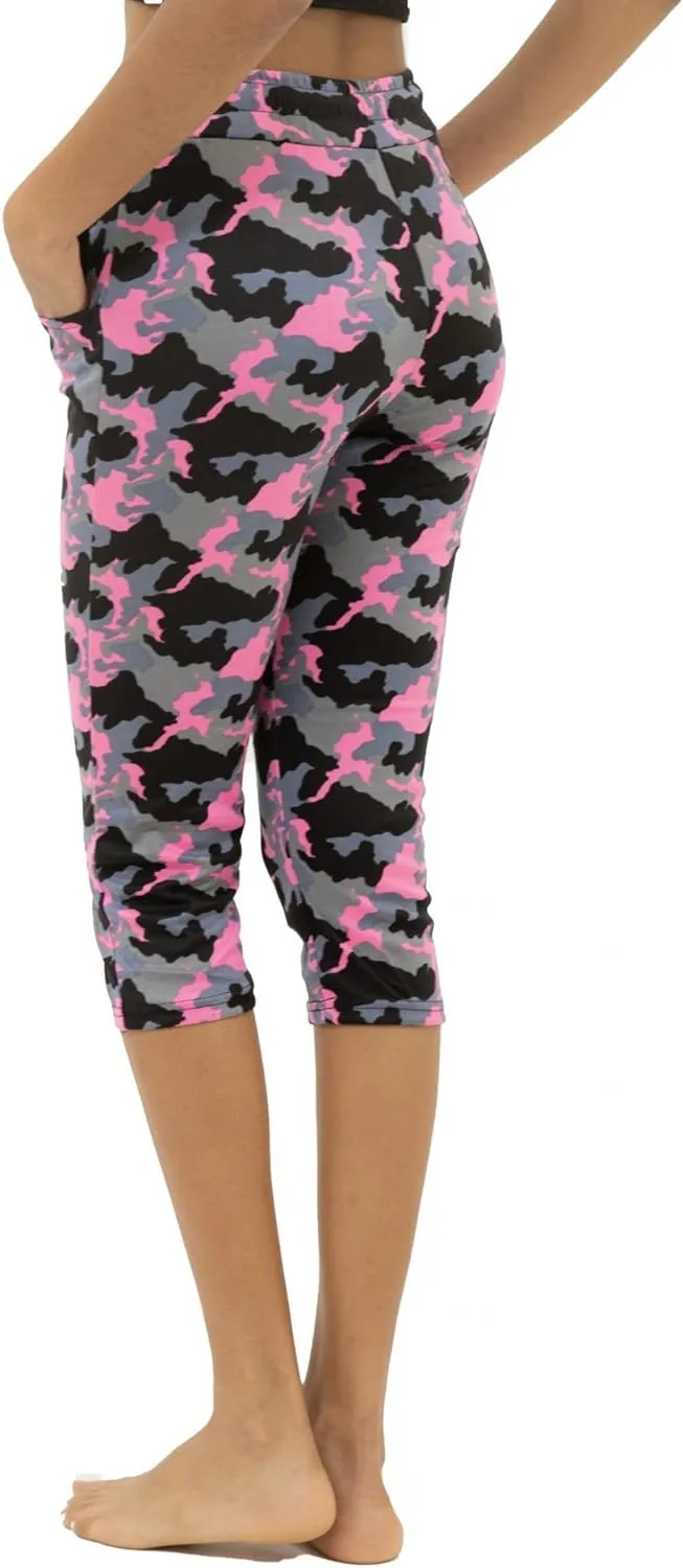 Women's Army Capri Sweatpants - Cotton Blend Camouflage Cargo Joggers with Pockets