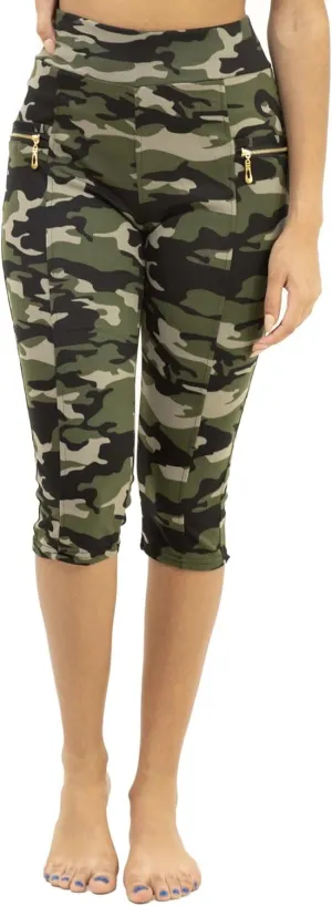 Women's Army Capri Sweatpants - Cotton Blend Camouflage Cargo Joggers with Pockets