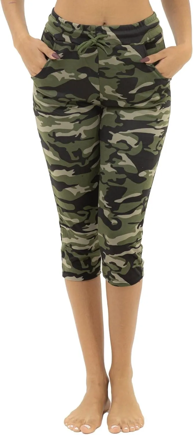 Women's Army Capri Sweatpants - Cotton Blend Camouflage Cargo Joggers with Pockets