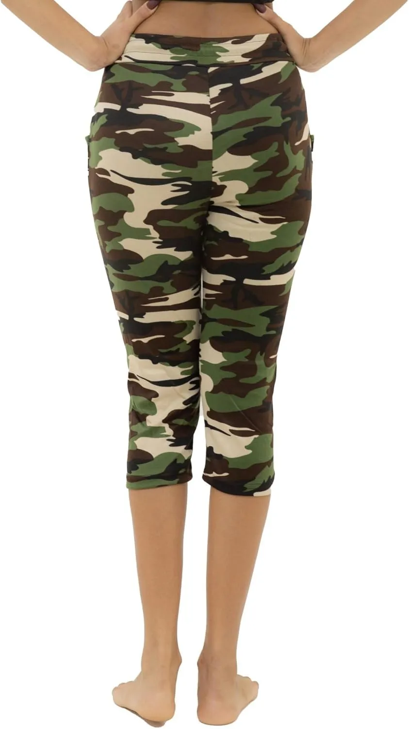 Women's Army Capri Sweatpants - Cotton Blend Camouflage Cargo Joggers with Pockets