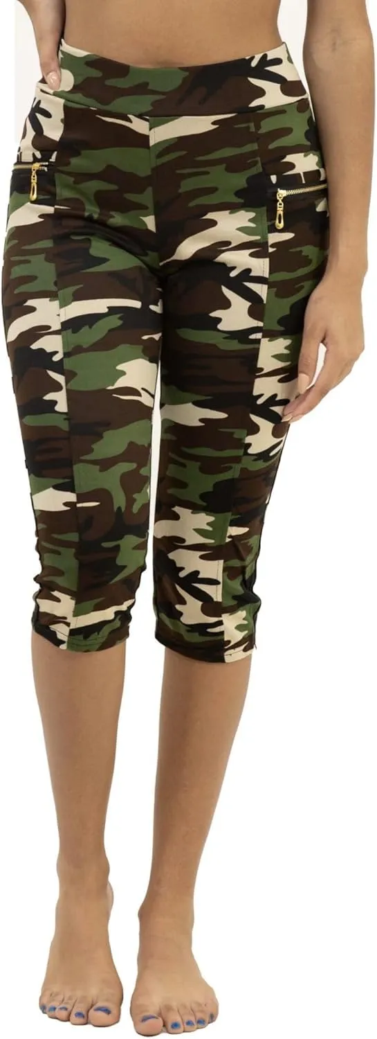 Women's Army Capri Sweatpants - Cotton Blend Camouflage Cargo Joggers with Pockets