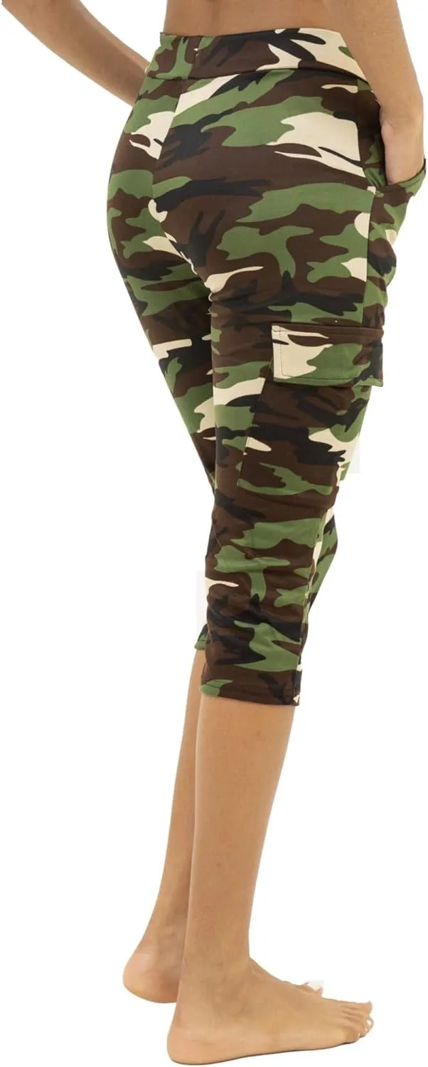 Women's Army Capri Sweatpants - Cotton Blend Camouflage Cargo Joggers with Pockets