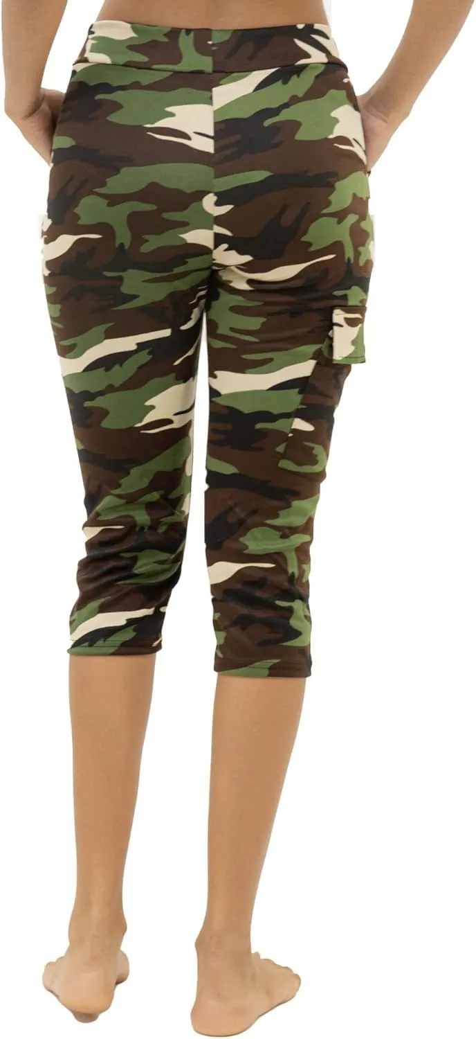 Women's Army Capri Sweatpants - Cotton Blend Camouflage Cargo Joggers with Pockets