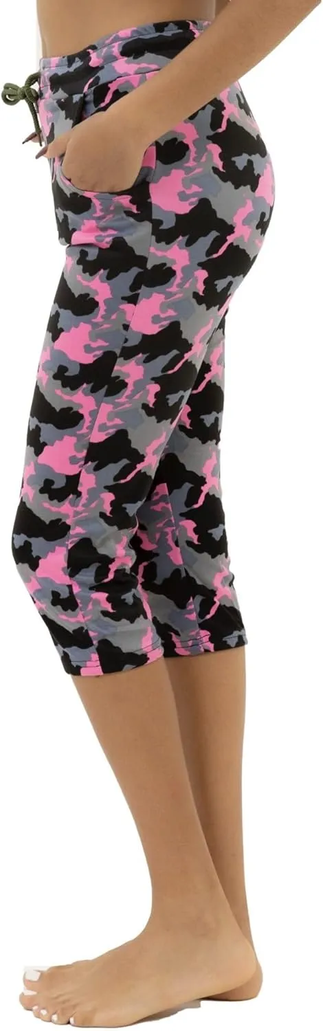 Women's Army Capri Sweatpants - Cotton Blend Camouflage Cargo Joggers with Pockets