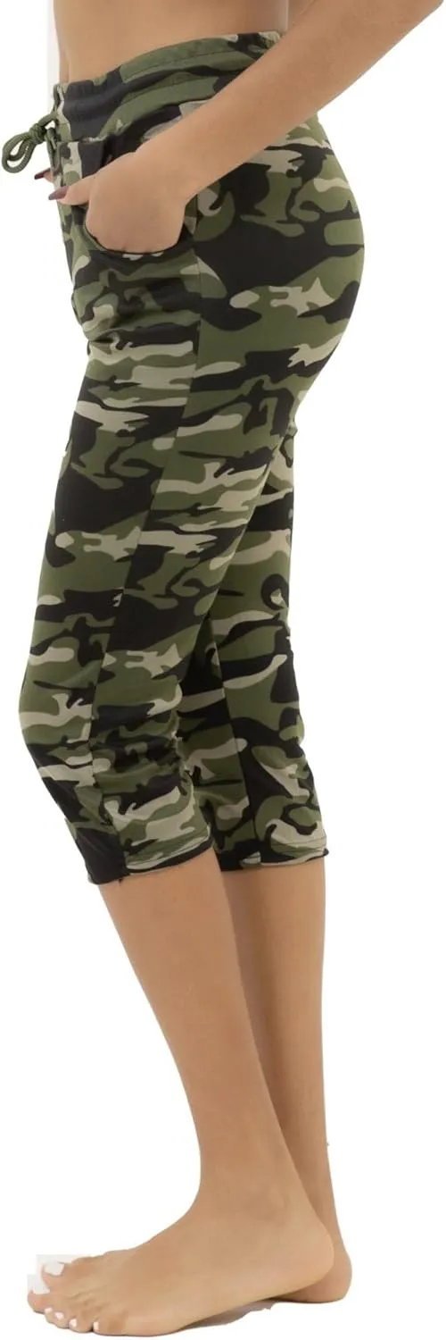 Women's Army Capri Sweatpants - Cotton Blend Camouflage Cargo Joggers with Pockets